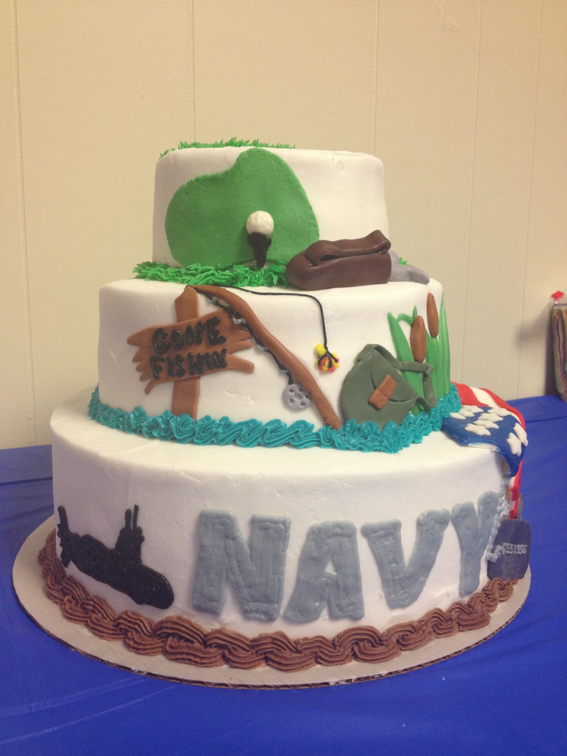 90th Birthday Cake
 90Th Birthday Cake With Navy Tier Fishing Tier And Golf