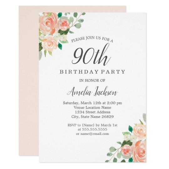 90th Birthday Invitation Wording
 Peach Blush Watercolor Floral 90th Birthday Party