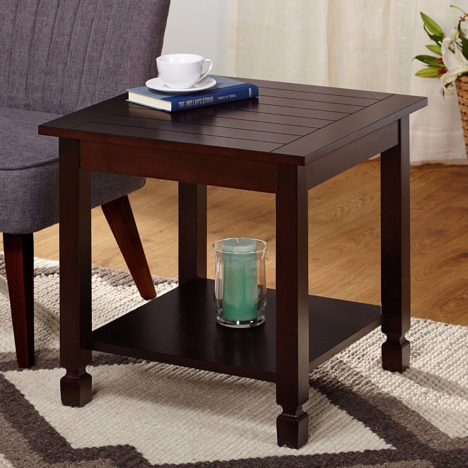 Accent Tables For Living Room
 Espresso Finish Square End Table with Lower Shelf Living