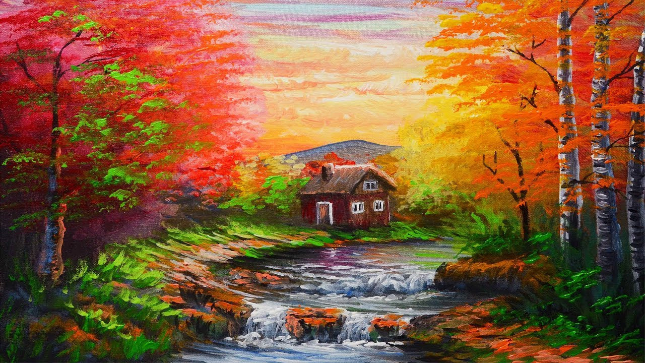 Acrylic Painting Landscape
 Riverside House with autumn forest during sunset step by
