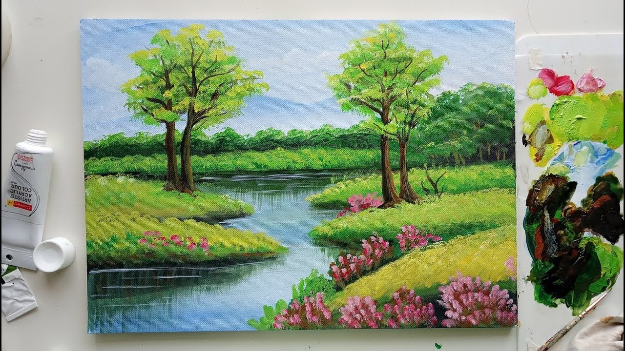 Acrylic Painting Landscape
 Trees in a Beautiful Landscape