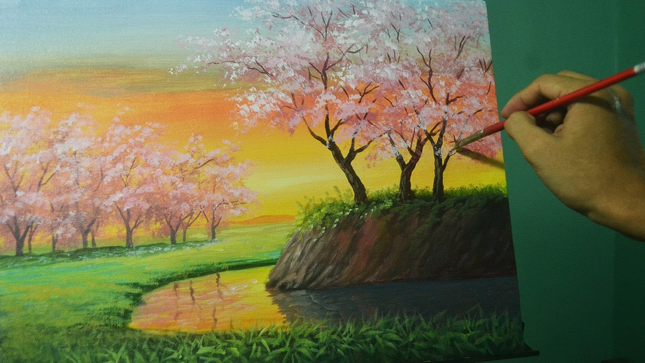 Acrylic Painting Landscape
 Acrylic Landscape Painting Lesson Cherry Blossoms on