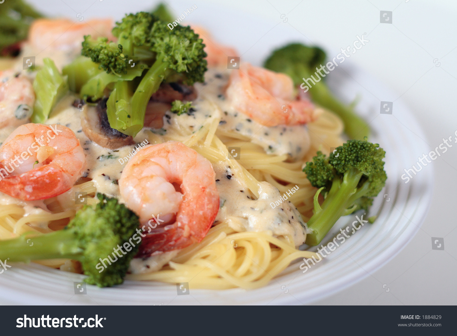 Angel Hair Pasta With Shrimp And Alfredo Sauce
 Close Up Angel Hair Pasta With Alfredo Sauce And Shrimp