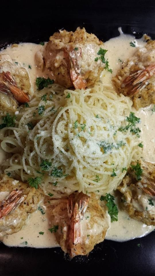 Angel Hair Pasta With Shrimp And Alfredo Sauce
 Huh Say what Crab Stuffed Shrimp with Angel Hair Pasta