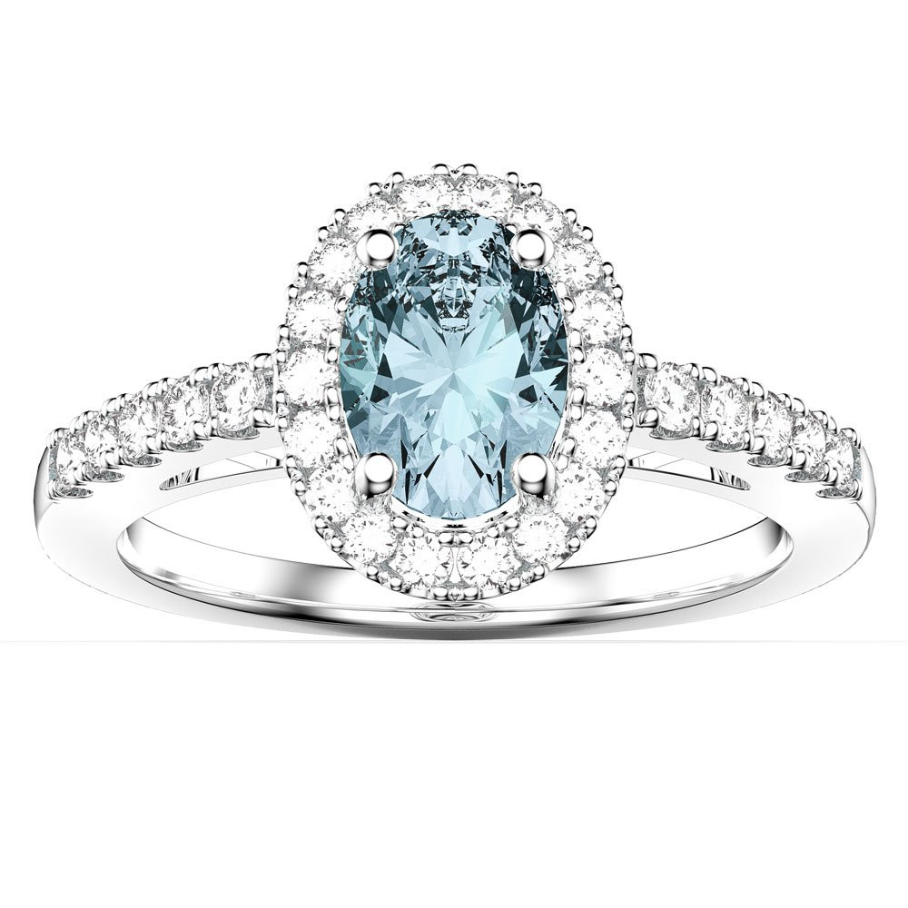 Aquamarine And Diamond Engagement Rings
 Eternity Aquamarine and Diamond Oval Halo Platinum