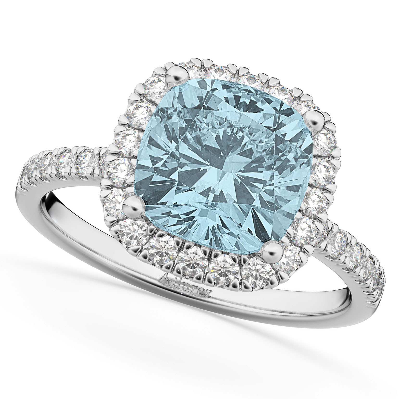 Aquamarine And Diamond Engagement Rings
 Cushion Cut Halo Aquamarine & Diamond Engagement Ring 14k