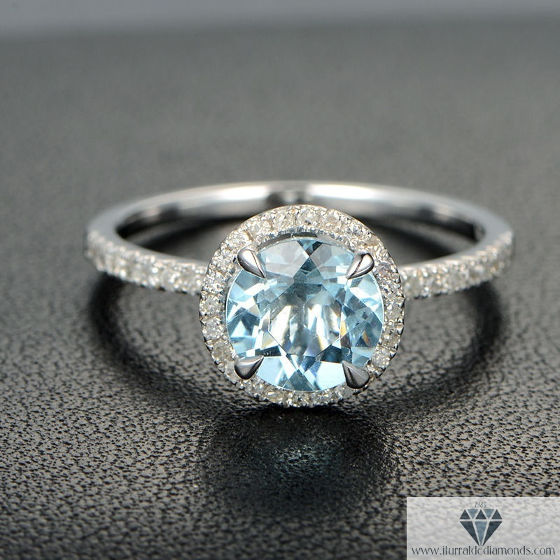 Aquamarine And Diamond Engagement Rings
 Aquamarine Diamond Pave Halo Engagement Ring Round Cut