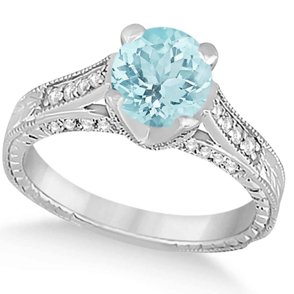 Aquamarine And Diamond Engagement Rings
 Diamond & Aquamarine Antique Engagement Ring 14k White