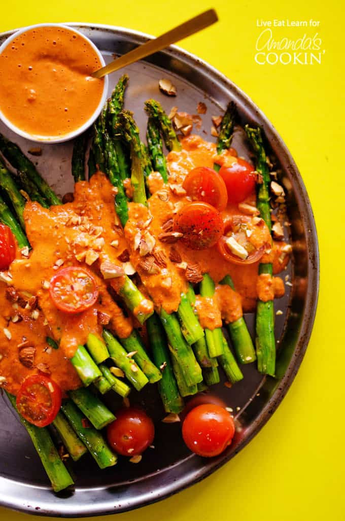 Asparagus Side Dishes
 Roasted Asparagus topped with healthy smokey romesco sauce