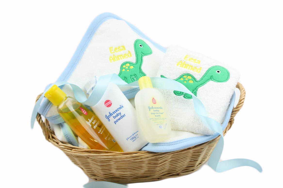 Baby Basket Gift Sets
 Personalised Baby Boy Gift Basket Dinosaur Hooded Towel