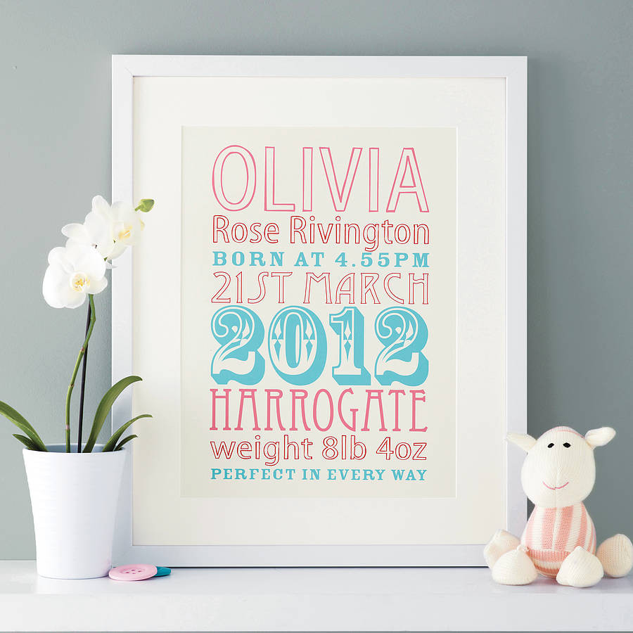 Baby Birth Gifts
 personalised new baby birth date print by modo creative