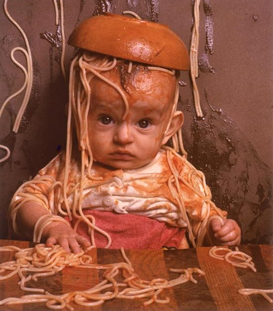 Baby Eating Spaghetti
 The Chew dining etiquette children part 3 throwing