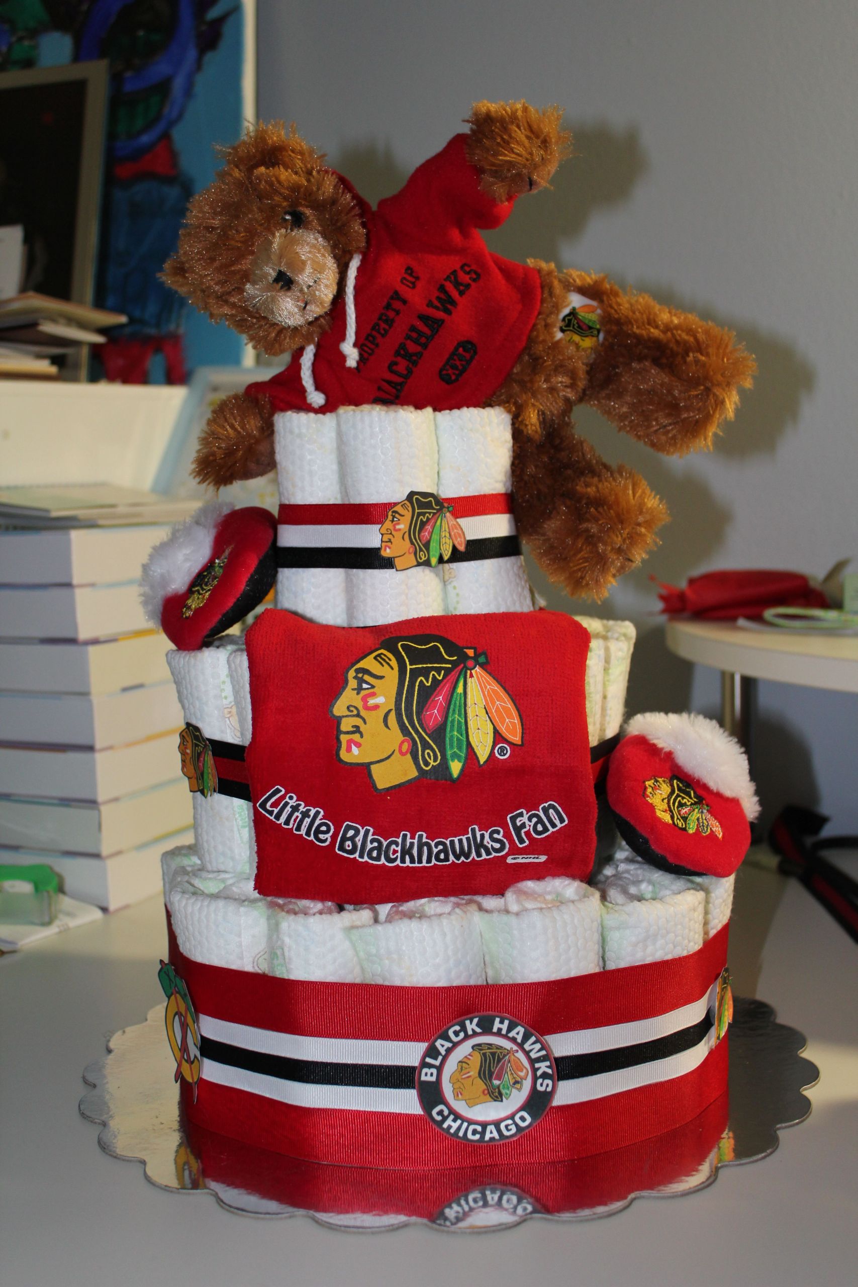 Baby Gifts Chicago
 A Chicago Blackhawks diaper cake that I made for a dear