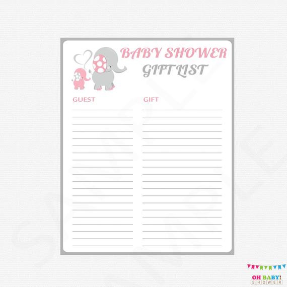 Baby Shower Gift Lists
 Pink and Gray Baby Shower Gift List Elephant Baby Shower Gift