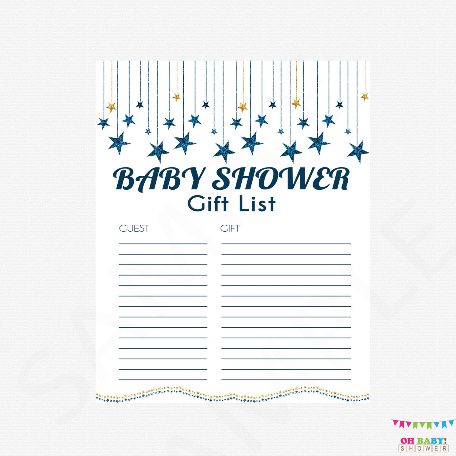 Baby Shower Gift Lists
 Twinkle Dark Blue and Gold Baby Shower Gift List Printable