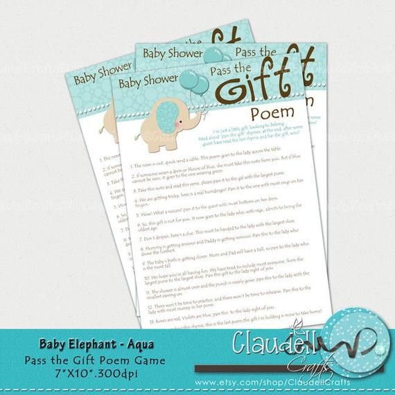 Baby Shower Pass The Gift Poem
 Baby Elephant Aqua Pass The Gift Poem Baby by ClaudellCrafts