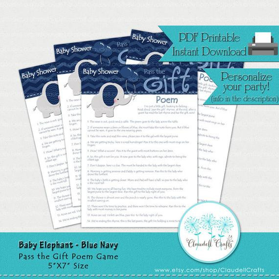 Baby Shower Pass The Gift Poem
 Baby Elephant Blue Navy Pass The Gift Poem Baby Shower