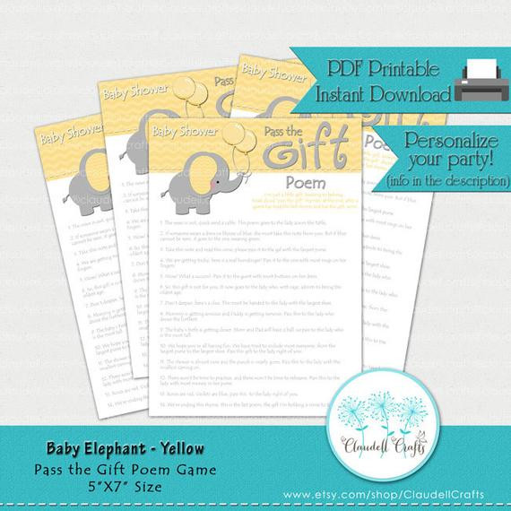 Baby Shower Pass The Gift Poem
 Baby Elephant Yellow Pass The Gift Poem Baby Shower Game
