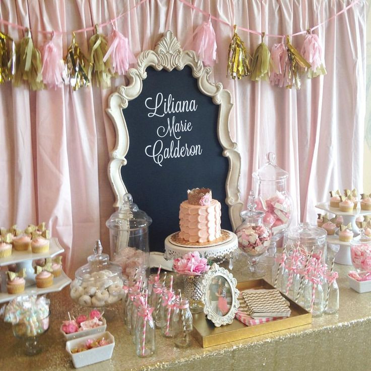 Backyard Graduation Party Ideas Pink And Black Gold Table Set Up
 Pink and gold baby shower dessert table candy buffet
