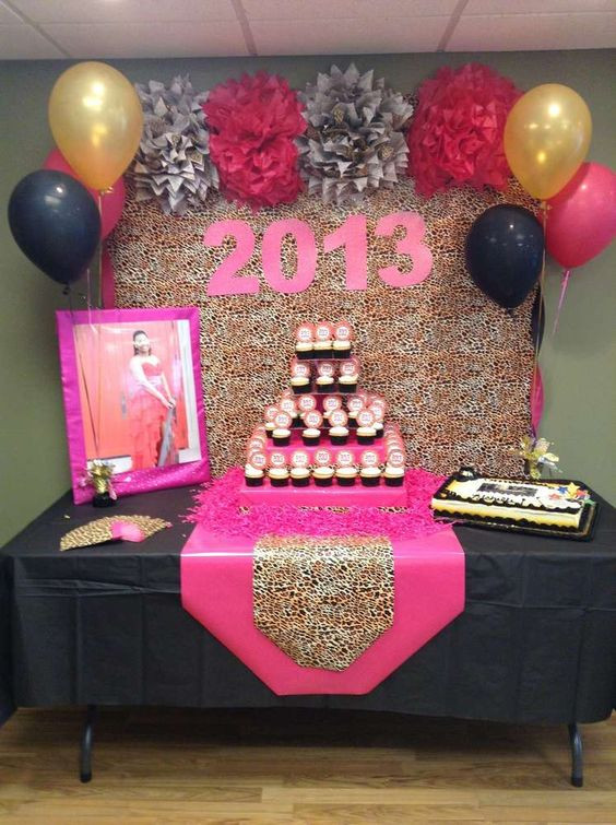 Backyard Graduation Party Ideas Pink And Black Gold Table Set Up
 Hot pink gold black and leopard print Graduation End of