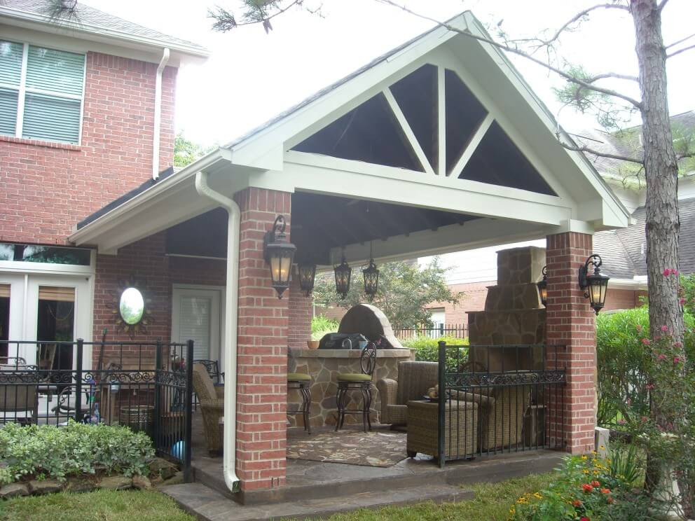 Backyard Patio Roof
 Gable Roof Patio Cover With Outdoor Kitchen & Fireplace