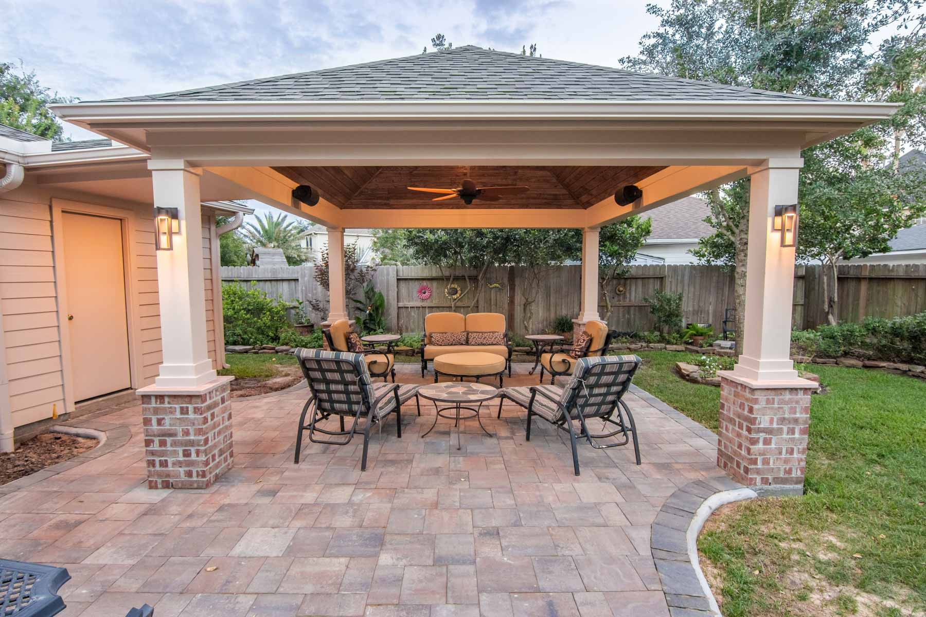 Backyard Patio Roof
 Hip Roof Patio Cover in Copperfield HHI Patio Covers