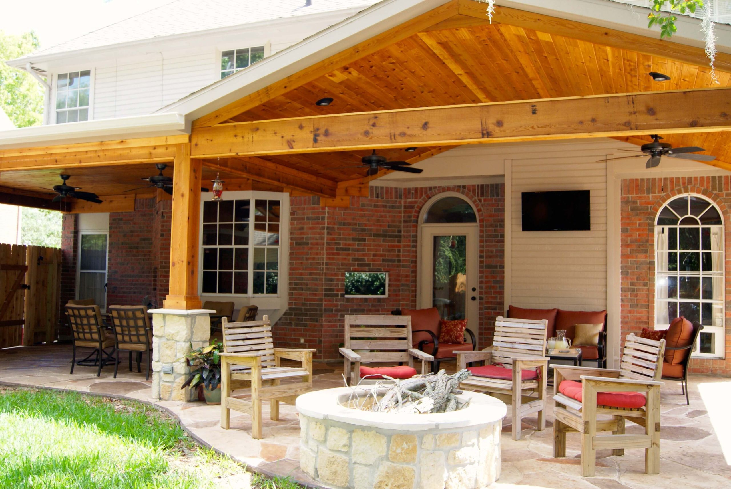 Backyard Patio Roof
 Patio Cover with Stone & Cedar Texas Custom Patios