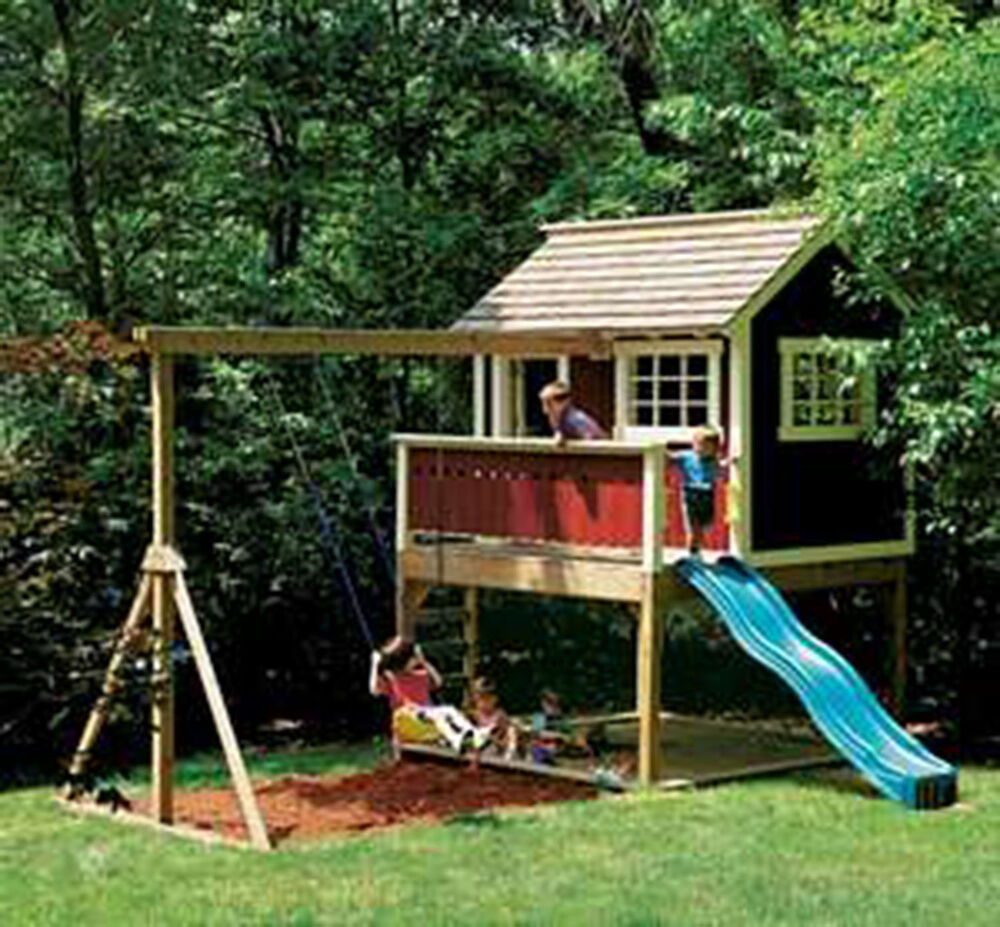 Backyard Play House Plans
 Kids Outdoor Wooden Playhouse Swing Set Detailed Plan