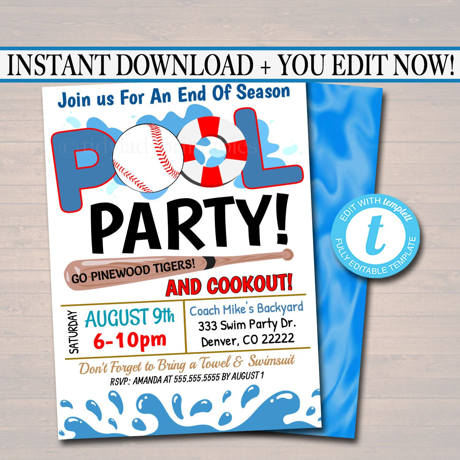 Baseball Pool Party Ideas
 EDITABLE Summer Pool Baseball Party Invitation Printable