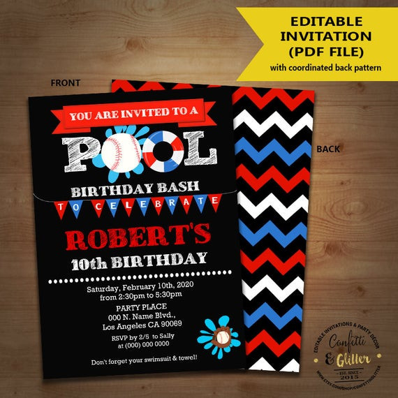 Baseball Pool Party Ideas
 Pool birthday party bash invitation baseball pool red