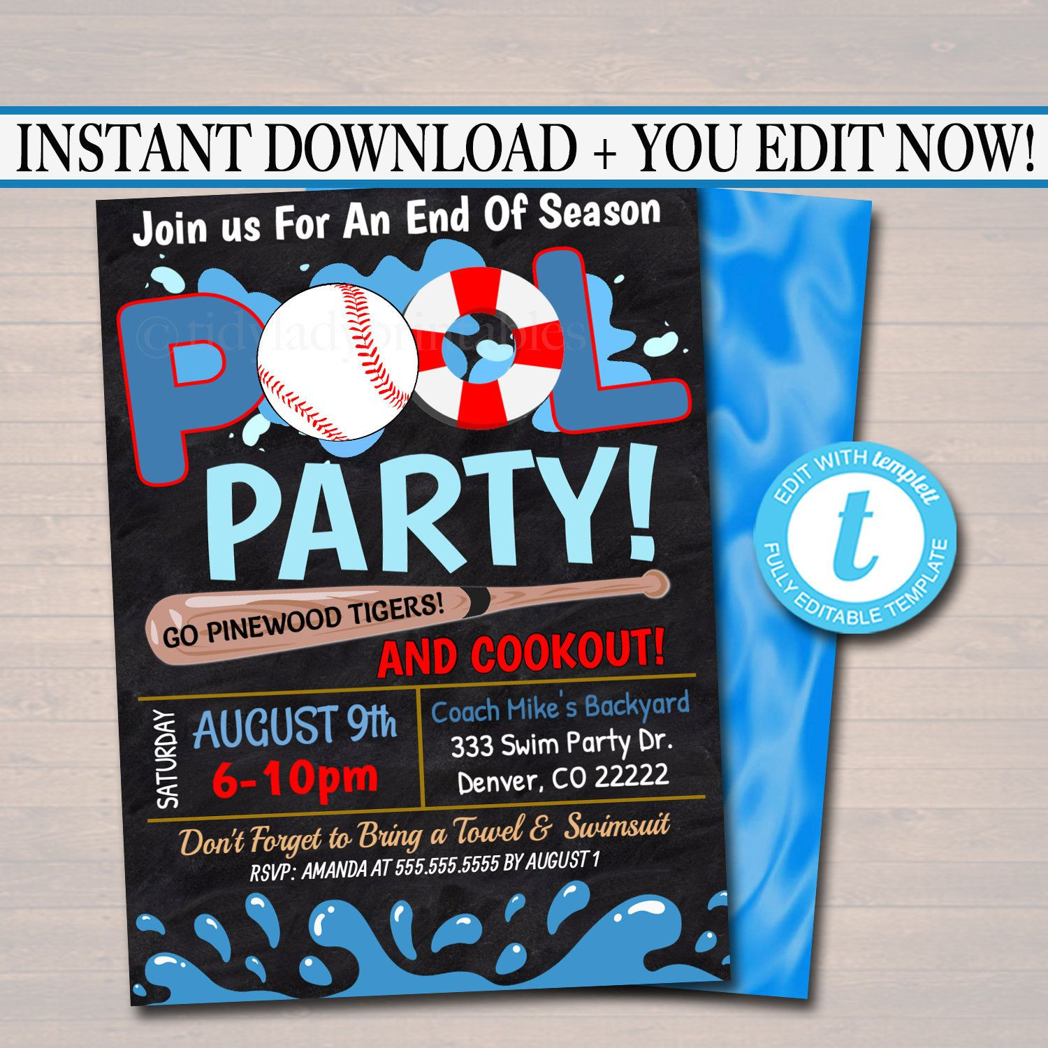 Baseball Pool Party Ideas
 EDITABLE Summer Pool Baseball Party Invitation Printable