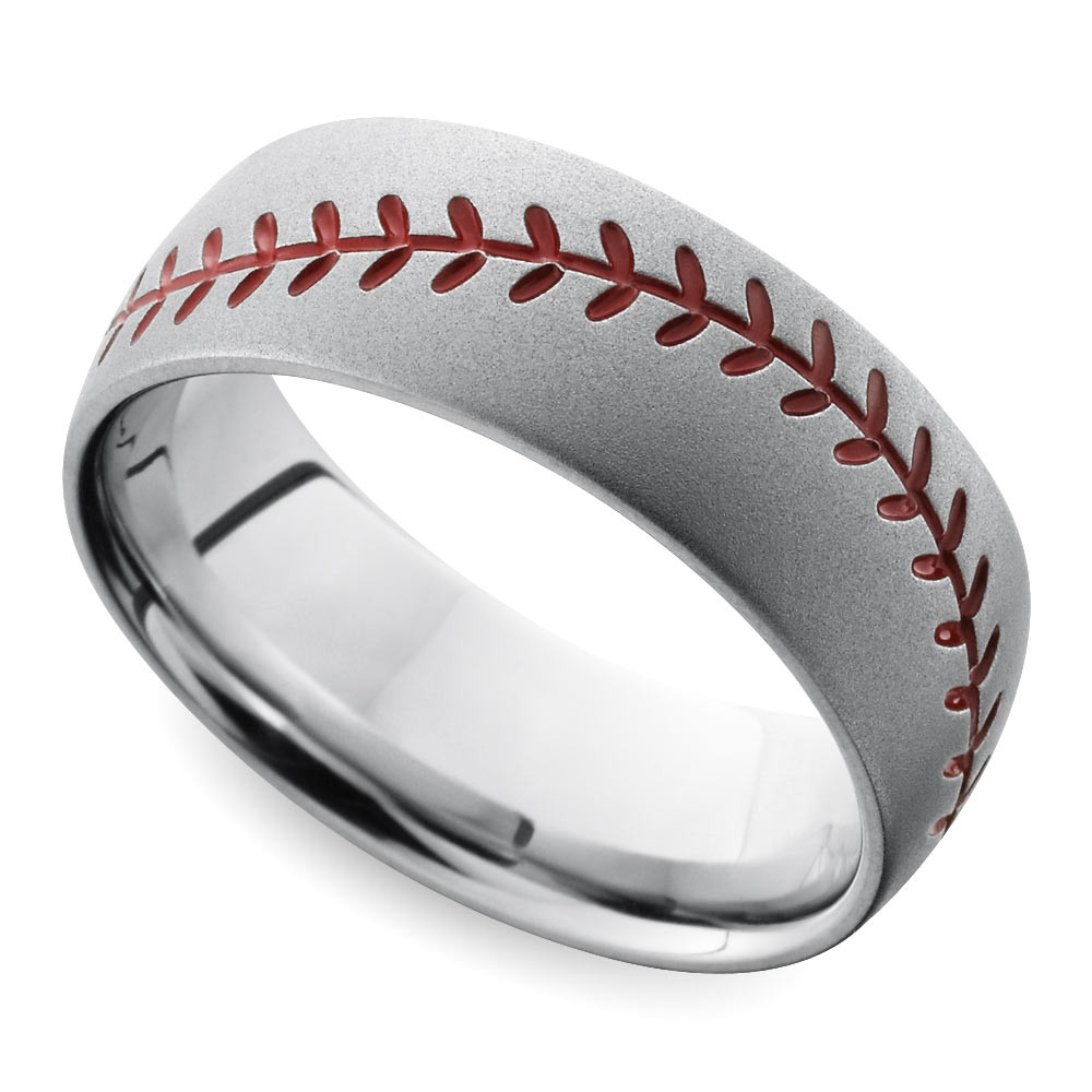 Baseball Wedding Band
 Beadblasted Baseball Pattern Men s Wedding Ring in Cobalt