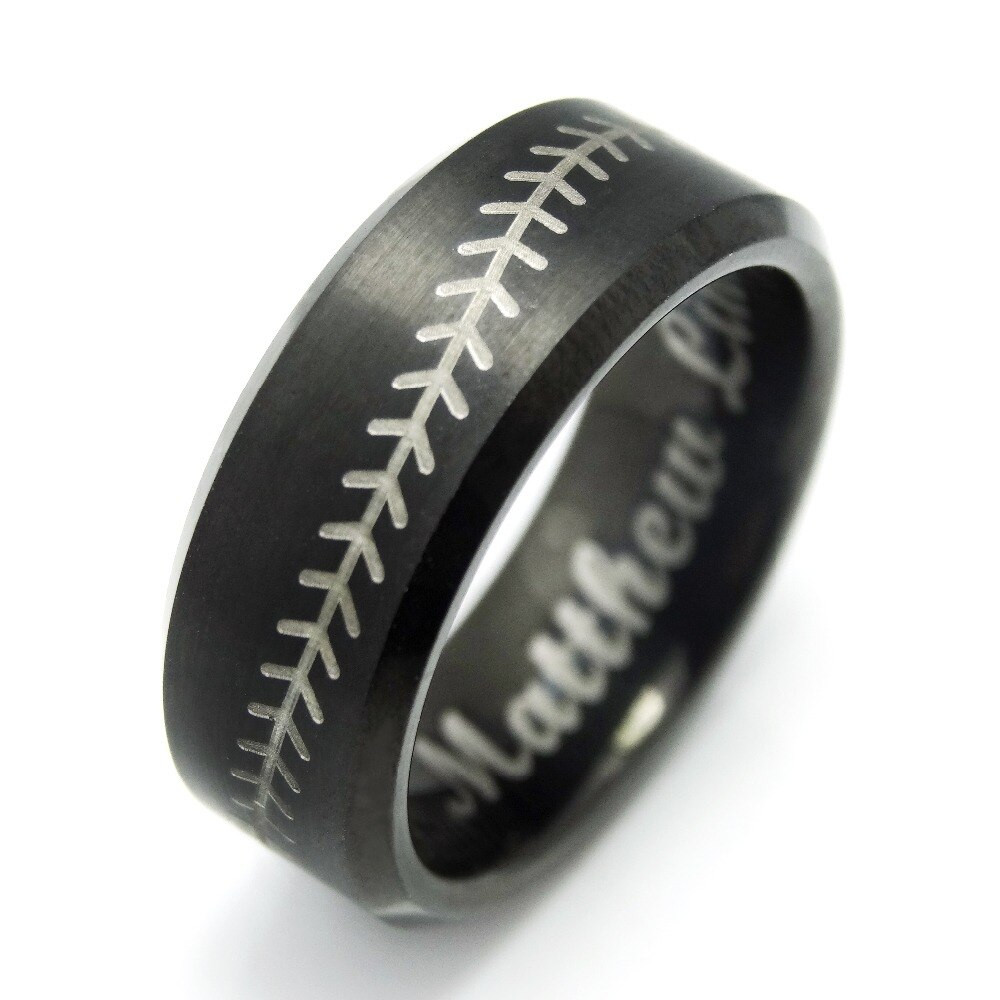 Baseball Wedding Band
 Polished Black Brushed Tungsten Ring Baseball Stitch Laser