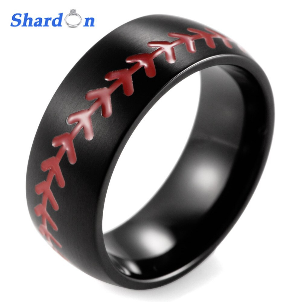 Baseball Wedding Band
 SHARDON Domed 8MM IP Black Titanium Baseball Ring with Red