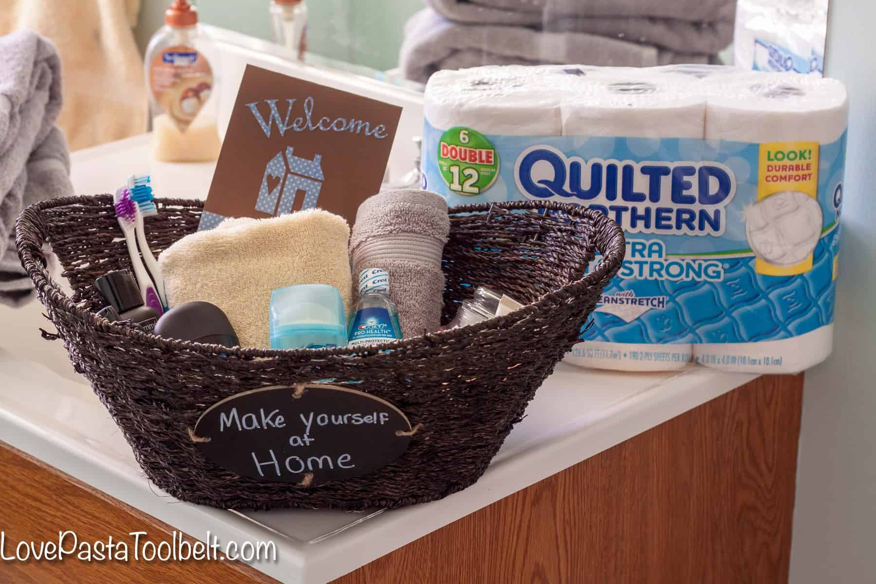 Bathroom Gift Basket Ideas
 Guest Bathroom Wel e Basket Love Pasta and a Tool Belt