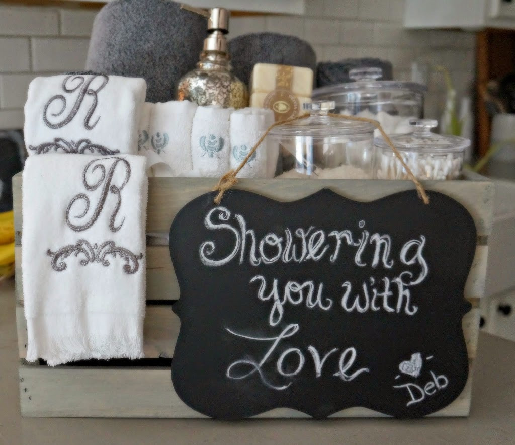 Bathroom Gift Basket Ideas
 Bathroom Grey Washed Wood Crate Bridal Shower Gift