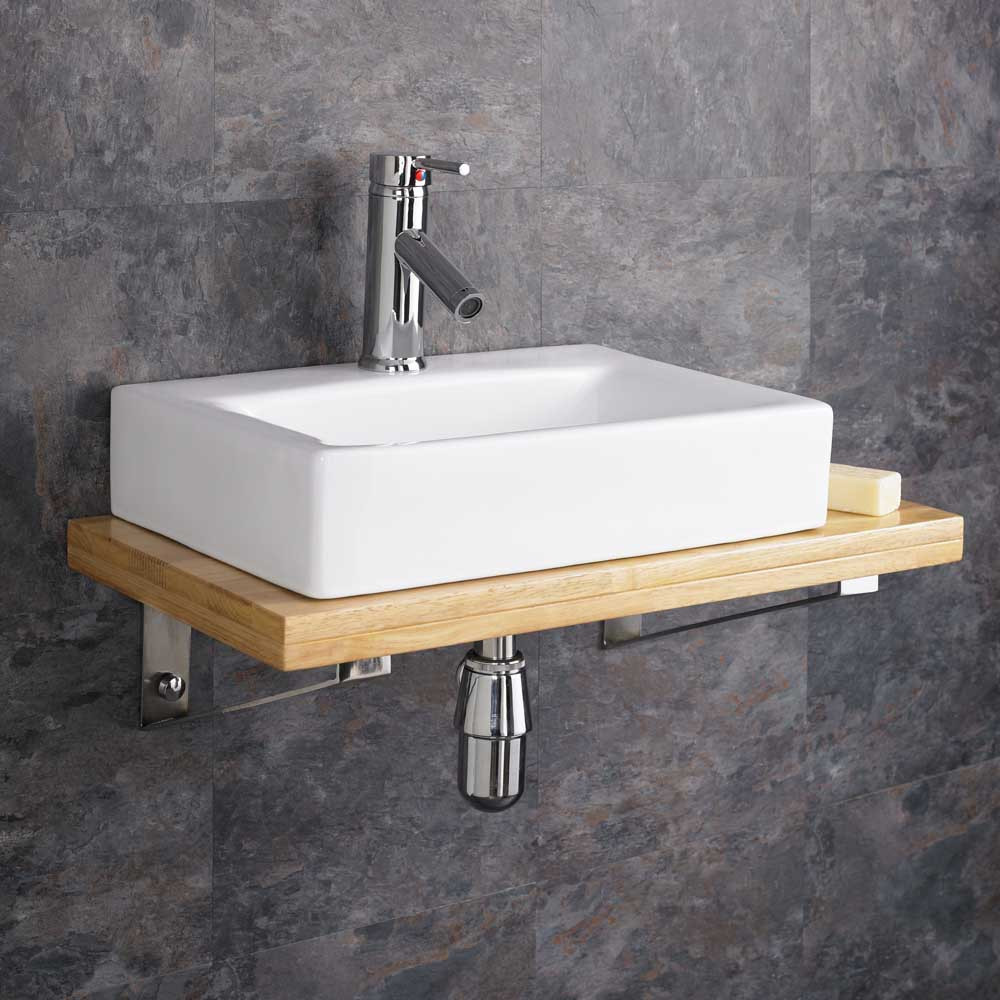 Bathroom Sink Shelf
 Wall Mounted Wooden Shelf White Ceramic Rectangular Sink