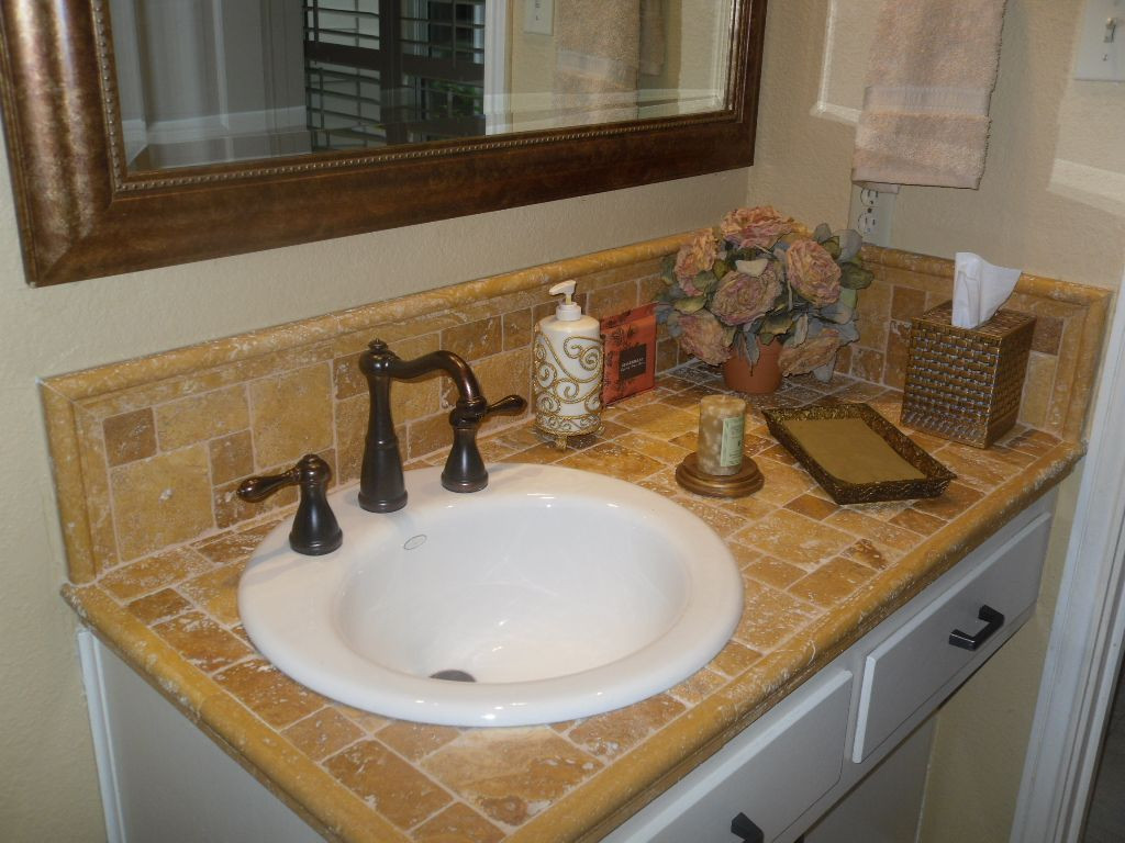 Bathroom Tile Countertops
 Travertine tile counter top with porcelin sink
