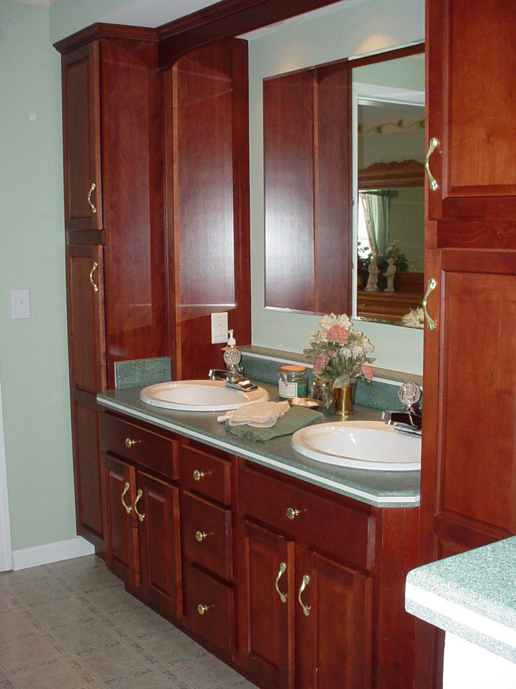 Bathroom Vanity With Linen Cabinet
 Modular Home Master Bathroom with Cherry Vanities and