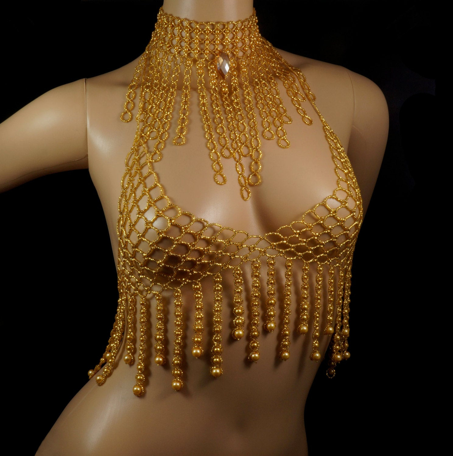 Beaded Body Jewelry
 Gold pearl fringe beaded body jewelry matching choker and