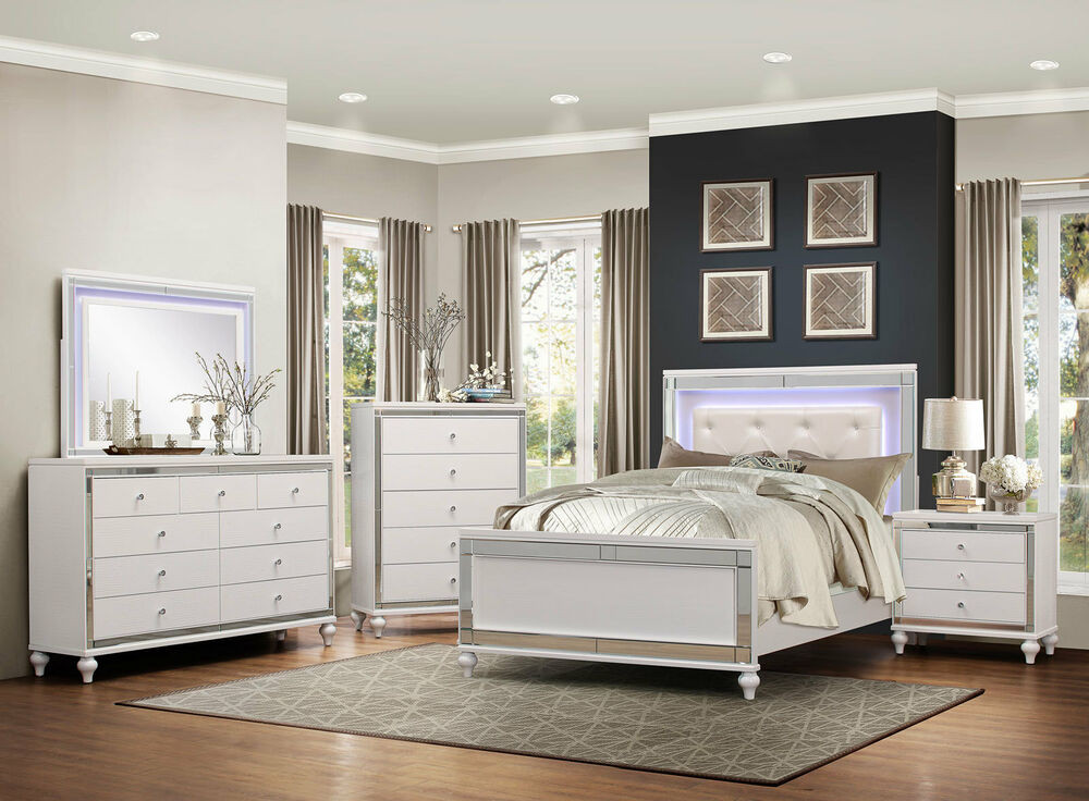Bedroom Sets With Lights
 Modern Glossy White Bedroom 5 pieces Set w King Size LED