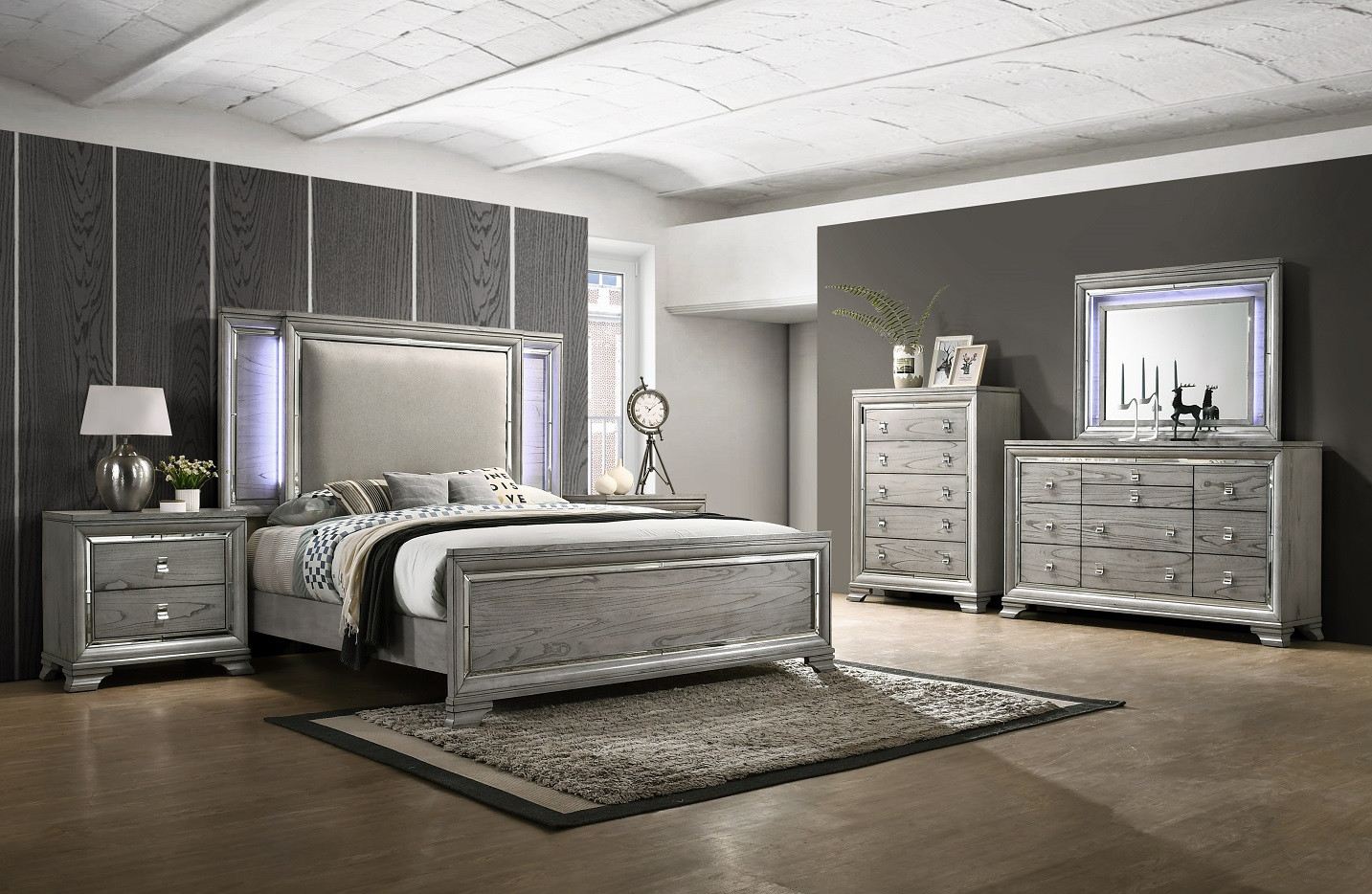 Bedroom Sets With Lights
 Veneer Light Grey Four Piece Bedroom Set