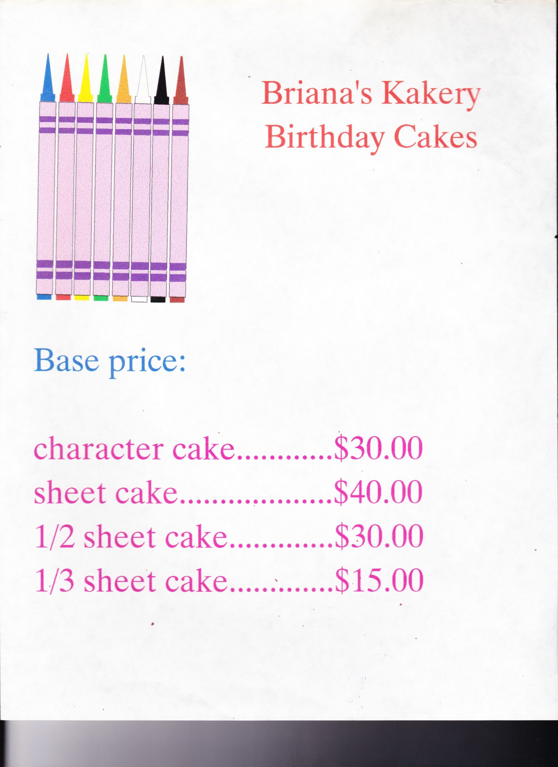 Birthday Cake Prices
 Cake Price List