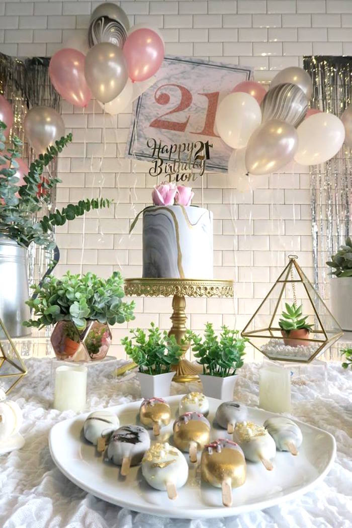 Birthday Cake Table Decorations
 Kara s Party Ideas Elegant Marble Inspired 21st Birthday