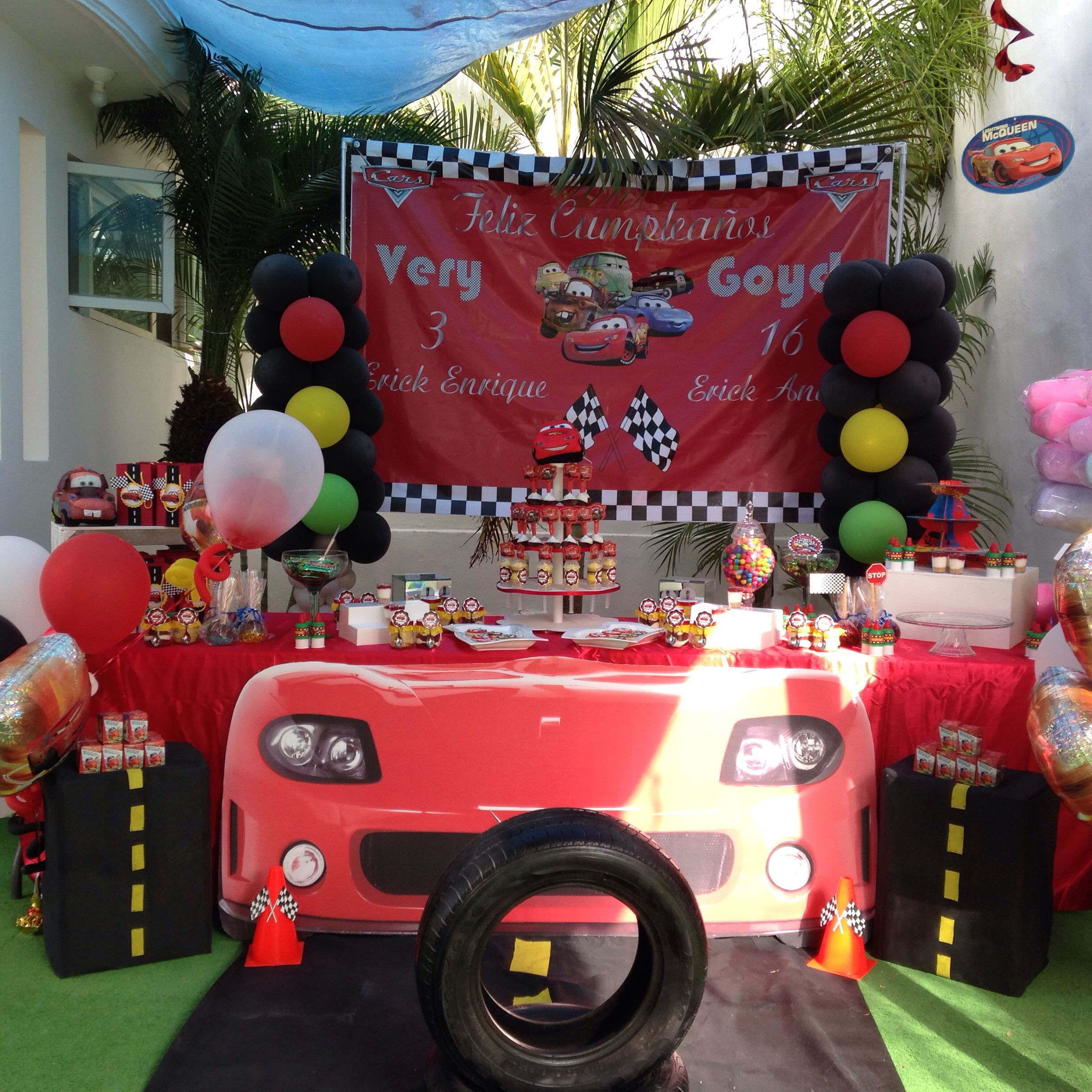 Birthday Car Decorations
 Cars Party Balloon decorations dessert table