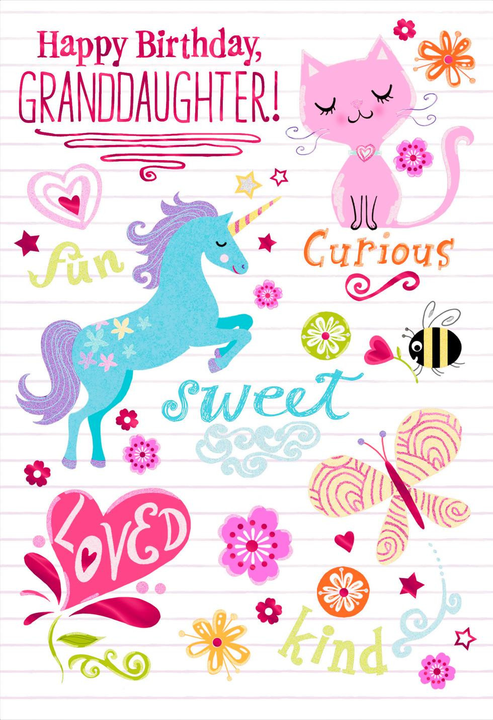 Birthday Cards Images
 Unicorn and Cat Birthday Card for Granddaughter Greeting