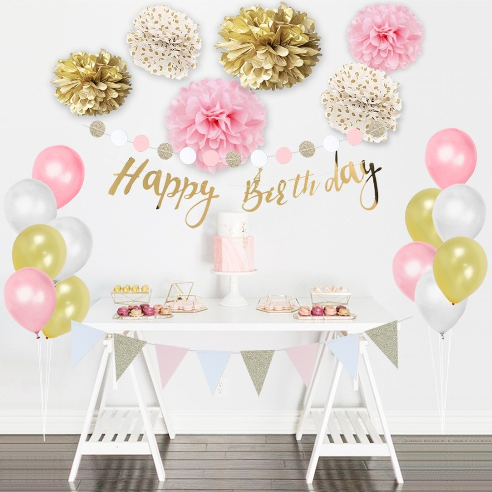 Birthday Decoration
 Set of 24 Gold Pink white Birthday Party Decorations