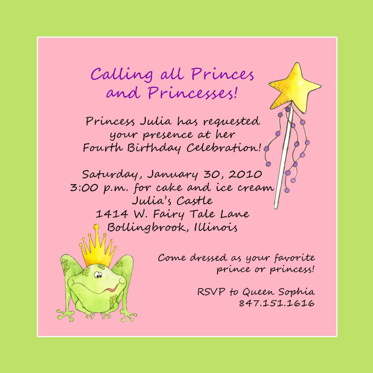 Birthday Invitation Quotes
 Princess Theme Birthday Party Invitation Custom Wording