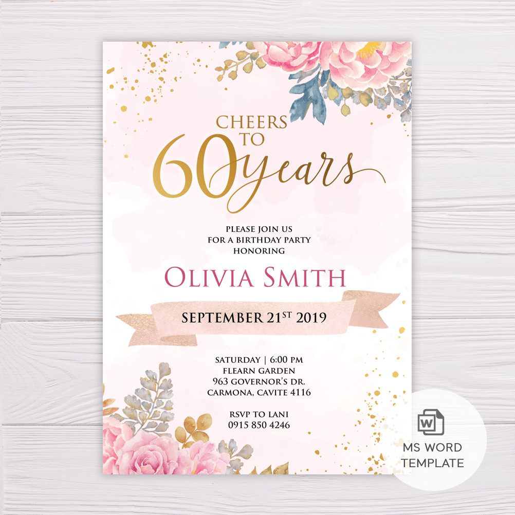 Birthday Invitation Templates Word
 Blush & Gold Watercolor Flowers 60th Birthday Invitation