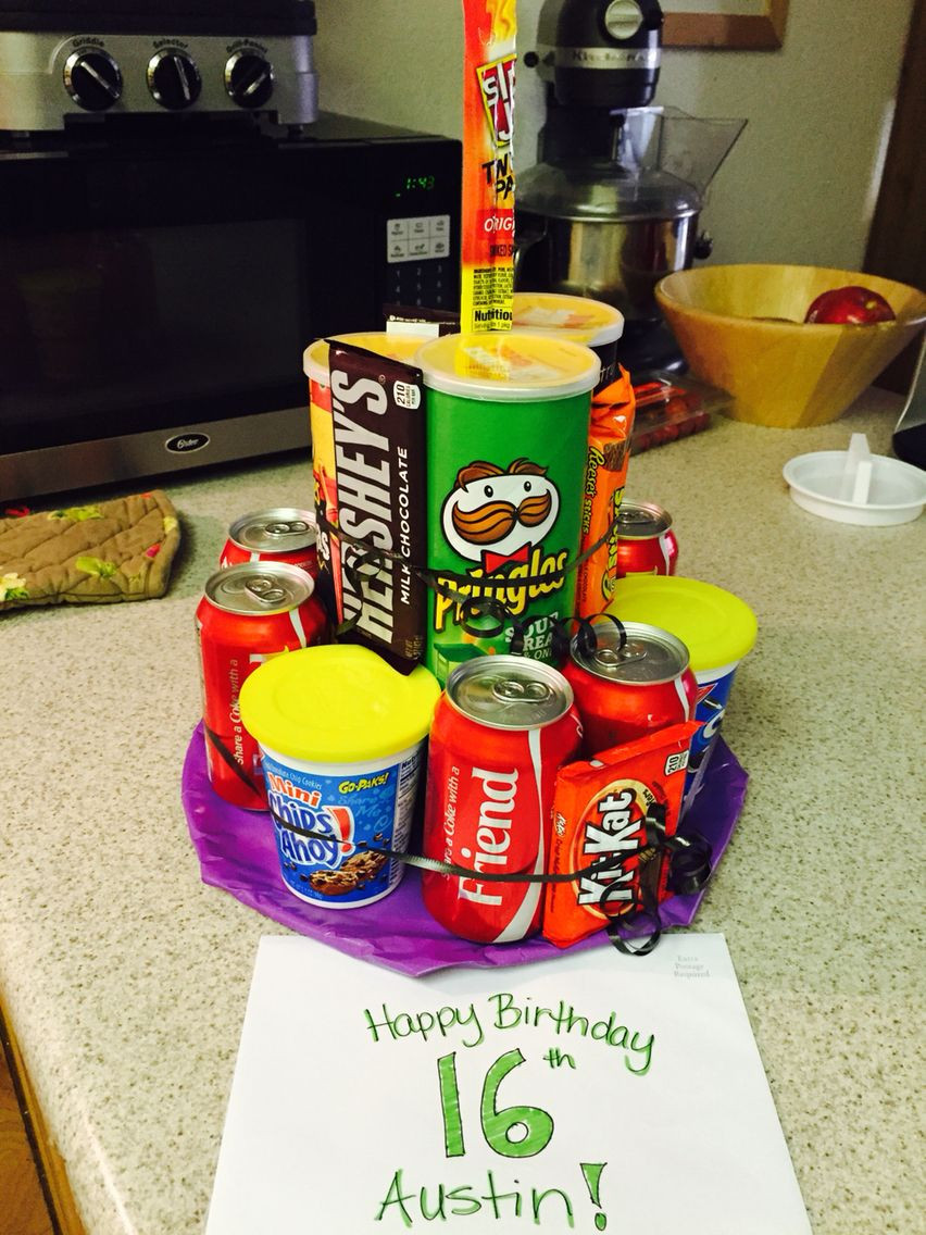 Birthday Party Ideas For 16 Year Olds
 Pringles soda candy junk "cake" 16 year old boy birthday